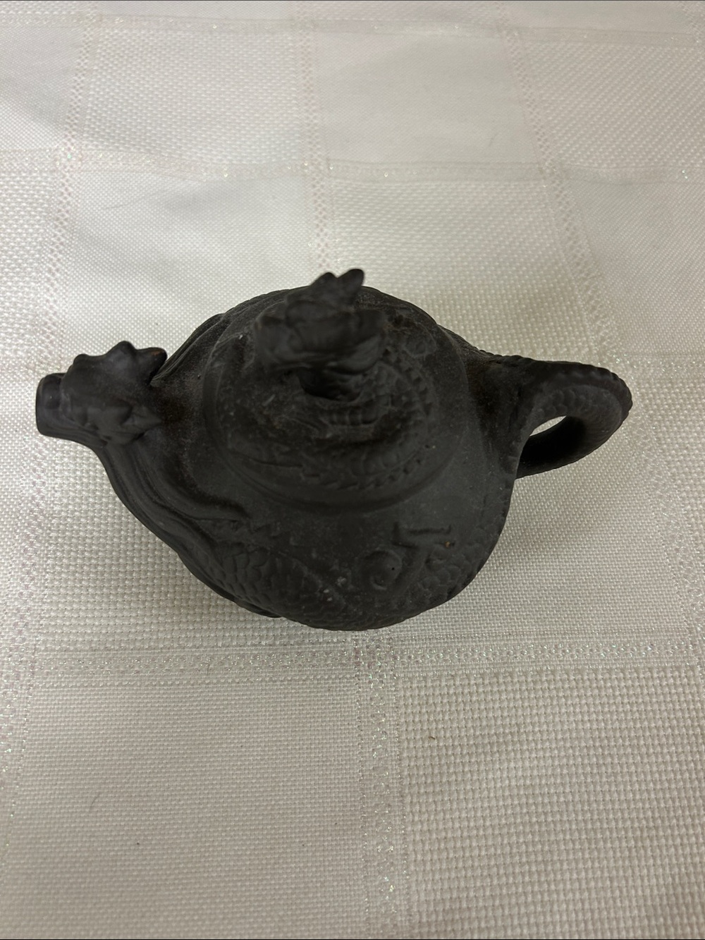 Dragon-Handled Black Ceramic Teapot - marked Zhongguo Yixing